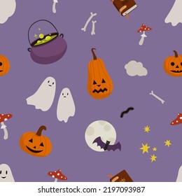 Halloween seamless pattern with carved pumpkins, magic book, cauldron, ghosts, bat, mushrooms.