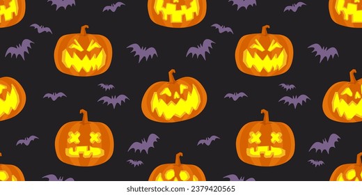 Halloween seamless pattern with carved pumpkins and bats. Cheerful spooky illustrations.