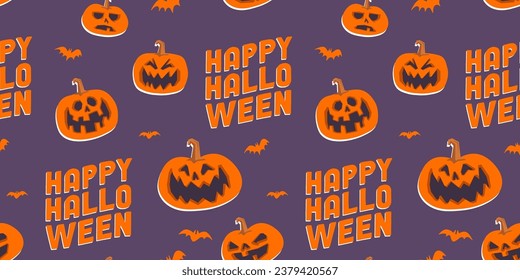 Halloween seamless pattern with carved pumpkins and bats. Cheerful spooky illustrations.