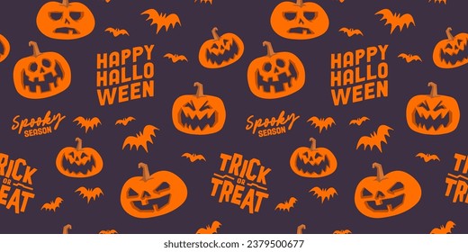 Halloween seamless pattern with carved pumpkins and bats. Cheerful spooky illustrations.