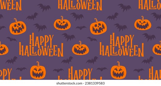 Halloween seamless pattern with carved pumpkins and bats. Cheerful spooky illustrations.