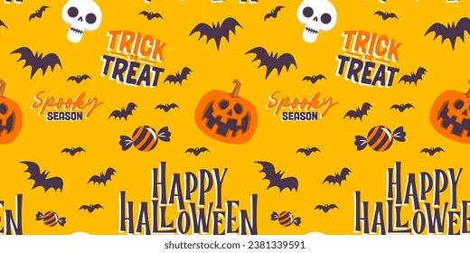 Halloween seamless pattern with carved pumpkins and bats. Cheerful spooky illustrations.