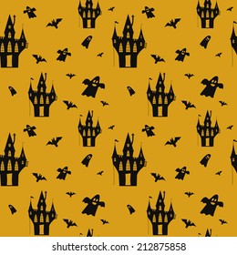 Halloween seamless pattern with castle,  bats and ghosts.  Vector