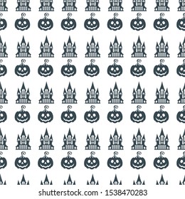 Halloween seamless pattern with castle. Flat cartoon Vector black icon on white background.