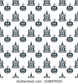 Halloween seamless pattern with castle. Flat cartoon Vector black icon on white background.