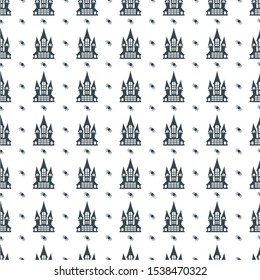 Halloween seamless pattern with castle. Flat cartoon Vector black icon on white background.