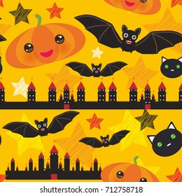 Halloween seamless pattern With Castle, Pumpkin, stars, bats, Black cat, yellow orange red background. Vector