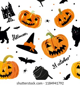 Halloween seamless pattern with castle, pumpkins, cat, hut on white background. For wrapping paper, cards, posters, banners.