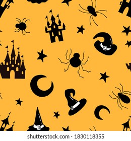 Halloween seamless pattern. Castle, spiders, witch hat, stars, moon. Design for.