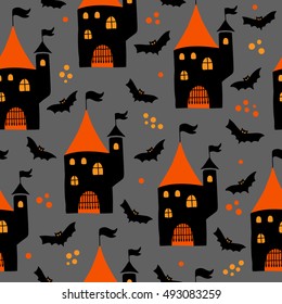 Halloween seamless pattern with castle, stars and bats. Perfect for greeting cards, wallpaper, wrapping paper, pattern fills, web page background