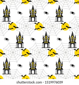 Halloween seamless pattern. Castle, web and moon. Trick or treat, Guising. Decor for cards, scrap paper, packaging. Flat vector backdrop.