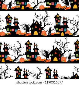 Halloween seamless pattern with castles,pumpkins and trees.October vector holiday background.Textile texture