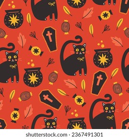 Halloween seamless pattern with cat, autumn leaves, candy, coffin on red background. Perfect for wallpaper, gift paper, seasonal greeting cards. Vector illustration