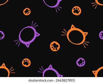 Halloween padrão sem emenda com desenho de gato e impressão de pata no vetor de fundo escuro.