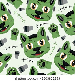 halloween seamless pattern with cat face with frankenstein design and paws with scars and bolts, vector