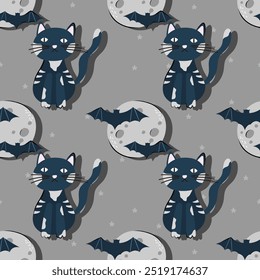 Halloween seamless pattern with cat, full moon and bat. Vector background for design textile or backdrop. Halloween holiday concept