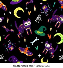 Halloween seamless pattern with cat, moon, spider and moth.