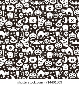 Halloween seamless pattern with cat, pumpkin, bat, ghost, skull . Vector illustration.