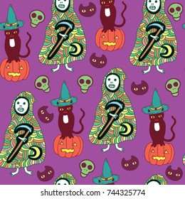 Halloween seamless pattern with cat, pumpkin, death, reaper on violet background. Vector illustration.