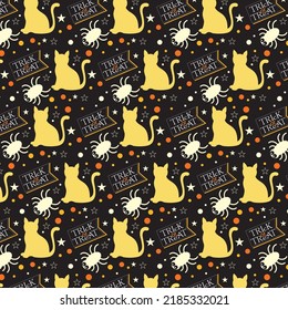 Halloween seamless pattern with cat and spiders