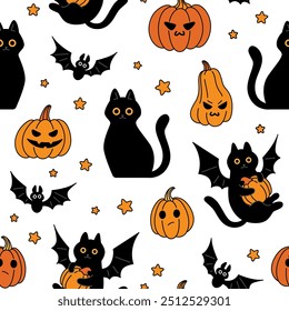 Halloween seamless pattern. Cats, bats and pumpkins. Vector background. Happy Halloween.