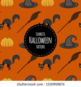 Halloween seamless pattern with cats. Cartoon style. Vector illustration.