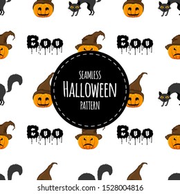 Halloween seamless pattern with cats. Cartoon style. Vector illustration.