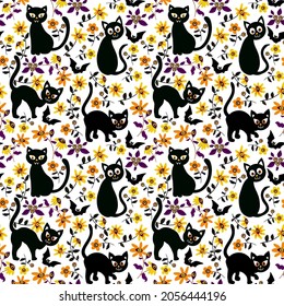 Halloween seamless pattern with cats and flowers garden. Vector holiday illustration for Halloween. Holiday vector background. 
