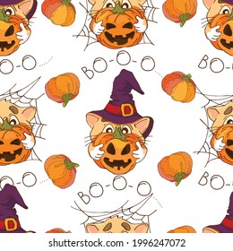 Halloween, seamless pattern with cats and pumpkins. vector illustration.
