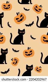 Halloween, seamless pattern with cats and pumpkins. Endless background, decor elements, color fabric, textile, wallpaper. Vector illustration.