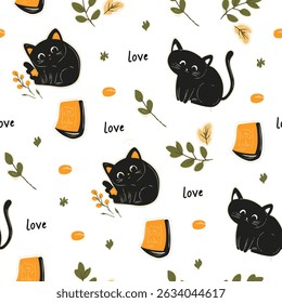 Halloween, seamless pattern with cats and pumpkins. Endless background, decor elements, color fabric, textile, wallpaper.
