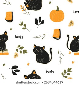 Halloween, seamless pattern with cats and pumpkins. Endless background, decor elements, color fabric, textile, wallpaper.
