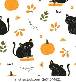 Halloween, seamless pattern with cats and pumpkins. Endless background, decor elements, color fabric, textile, wallpaper.

