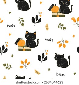 Halloween, seamless pattern with cats and pumpkins. Endless background, decor elements, color fabric, textile, wallpaper.
