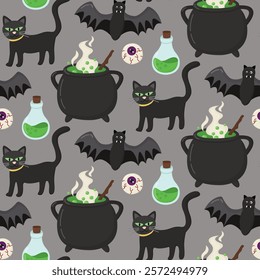 Halloween seamless pattern with cauldron, potion, bat, black cat and eye. Spooky holiday background