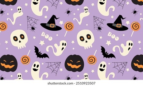 Halloween nahtloses Muster, feiern, Dekor für Hintergrund, Abdeckung, Banner, Stoff, Textil, Verpackung, Web, Vektor