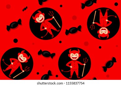 Halloween seamless pattern. A child in a Halloween costume on a red background. Pattern for packaging paper, advertising, background, or fabric.