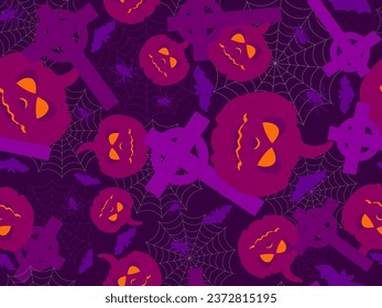 Halloween seamless pattern with Christian crosses, pumpkins, spiders and bats. Happy Halloween October 31st, Jack-O-Lantern. Design for wallpaper, banner and advertising material. Vector illustration