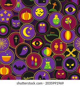 Halloween seamless pattern with circle emblems and halloween symbols. Skull, bat, owl, pumpkin, moon, ghost, cat, spider, bone, lollypop, grave stone, candle, flask, potion, eye, hat, coffin. Vector
