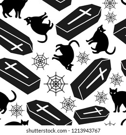 Halloween Seamless Pattern Coffin Cat Cobweb