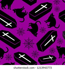 Halloween Seamless Pattern Coffin Cat Cobweb