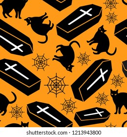 Halloween Seamless Pattern Coffin Cat Cobweb