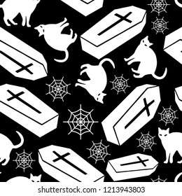 Halloween Seamless Pattern Coffin Cat Cobweb