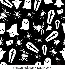 Halloween Seamless Pattern Coffin Ghost Spider