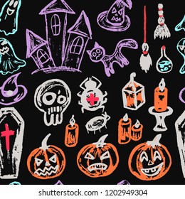 Halloween. Seamless pattern. Collection of festive elements. Autumn holidays. Pumpkin, coffin, skull, candle, spider, broom, potion, ghosts, sinister castle, cat