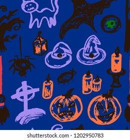 Halloween. Seamless Pattern. Collection of festive elements. Autumn holidays. Pumpkin, eye, cemetery, broom, tree, bat, candle, spider, cat, witch hat