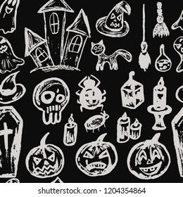 Halloween. Seamless Pattern Collection of festive elements. Autumn holidays. Pumpkin, coffin, skull, candle, spider, broom, potion, ghosts, sinister castle, cat