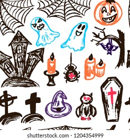 Halloween. Seamless Pattern. Collection of festive elements. Autumn holidays. Pumpkin, spider web, ghosts, sinister castle, candle, owl, coffin, cemetery, tree, bat, spider