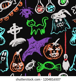Halloween. Seamless pattern. Collection of festive elements. Autumn holidays. Pumpkin, ghost, spider, candy, eye, bat, broom, flags, potion, cat, cemetery