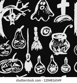 Halloween. Seamless Pattern. Collection of festive elements. Autumn holidays. Ghost, pumpkin, eye, potion, cemetery, cauldron, broom, tree, bat